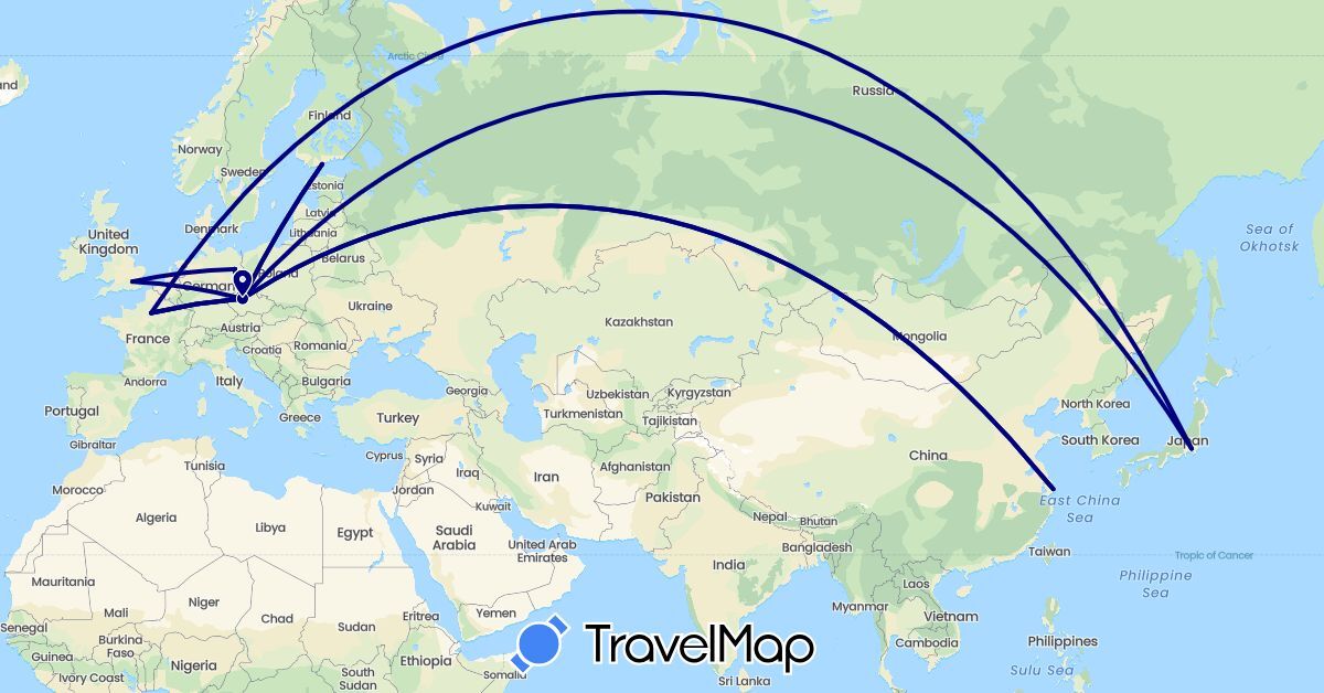 TravelMap itinerary: driving in China, Czech Republic, Germany, Finland, France, United Kingdom, Japan (Asia, Europe)